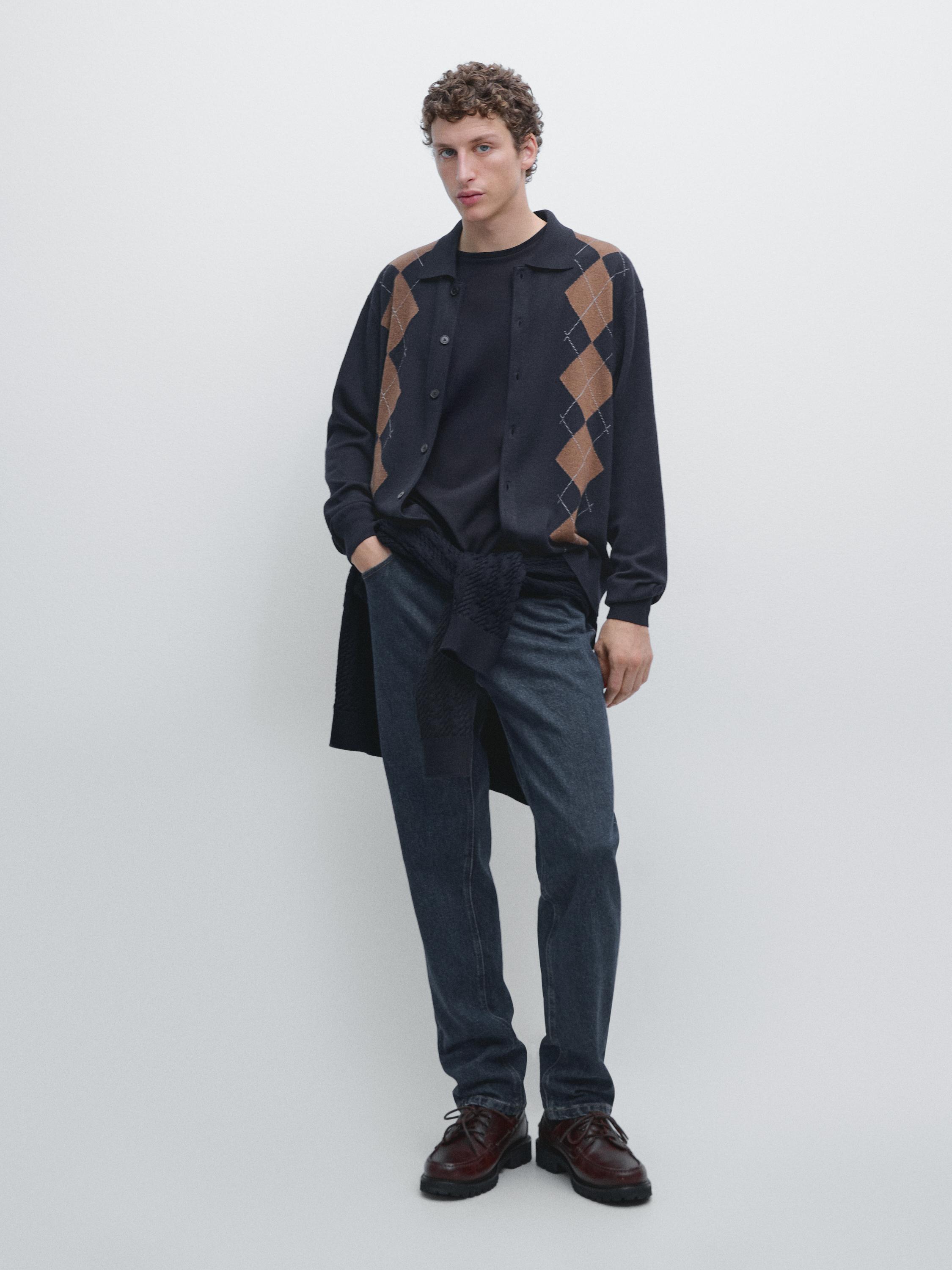 Wool blend argyle knit cardigan